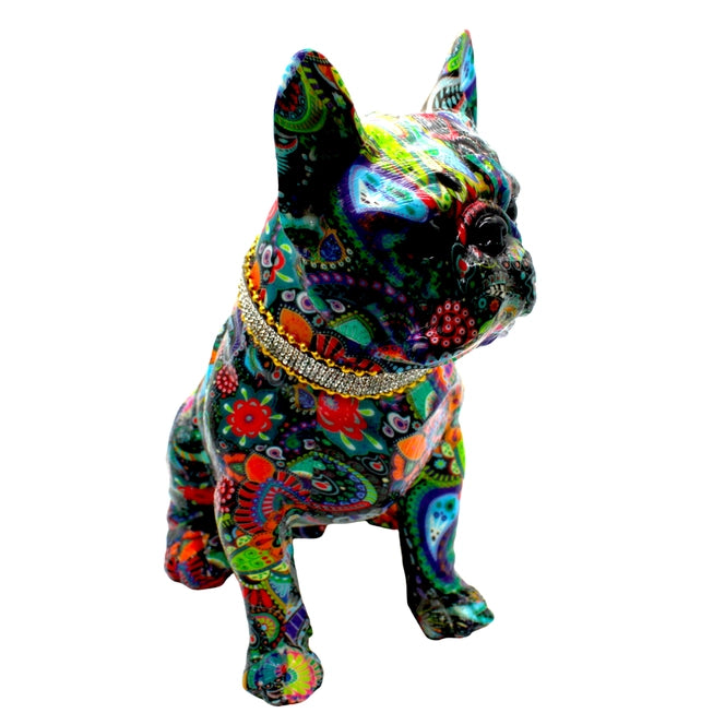 Painted Standing Flower French Bulldog w/Necklace - 11" tall