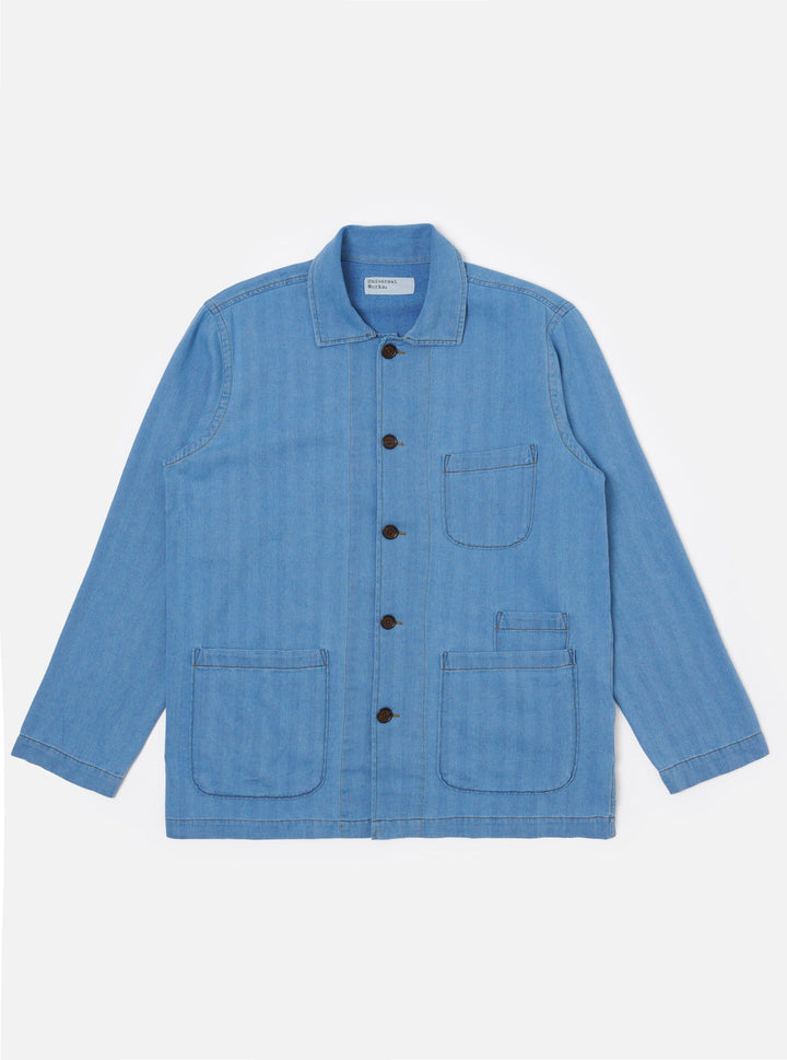 Universal Works Herringbone Bakers Overshirt - Washed Indigo