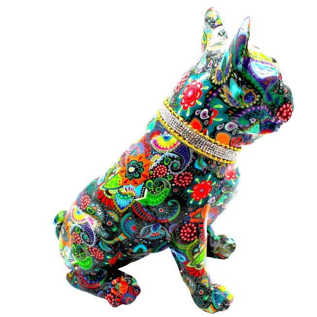 Painted Standing Flower French Bulldog w/Necklace - 11" tall