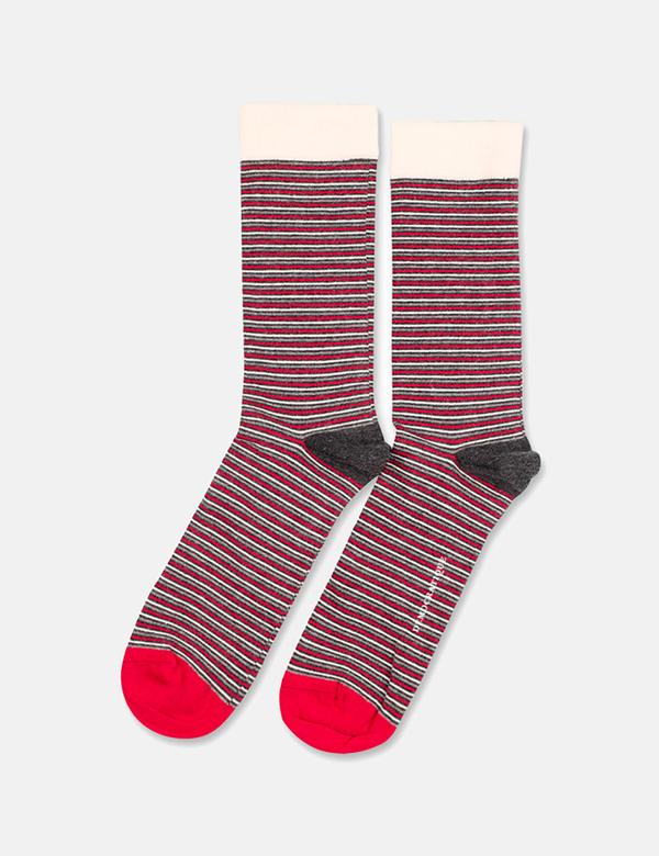 Democratique Socks Originals  Ultralight Stripes - Charcoal Melange / Pearl Red / Light Grey Melange / Off White